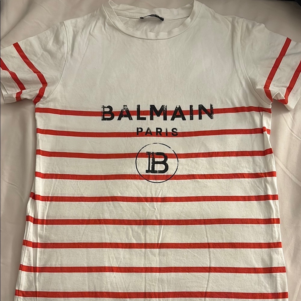 Balmain White and Red Striped Short Sleeve Tee